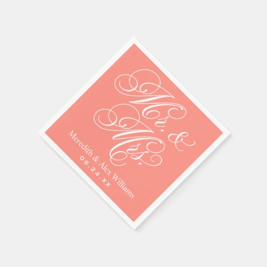 Elegant Coral Mr. and Mrs. Script Custom Monogram Serviette (Ecke)