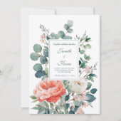 Elegant Coral Peony Eucalyptus Watercolor Einladung (Vorderseite)