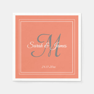 Elegant Coral White Monogram Wedding Paper Napkin Serviette