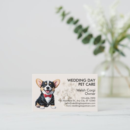 Elegant Corgi Wedding Day Pet Care Visitenkarte (Stehend Vorderseite)