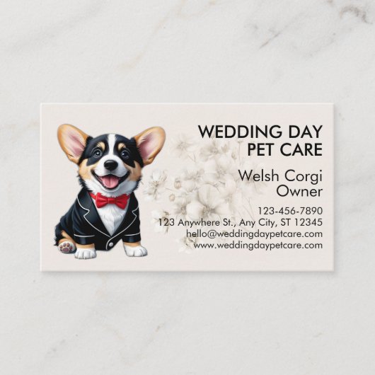 Elegant Corgi Wedding Day Pet Care Visitenkarte (Vorderseite)