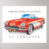 Elegant Corvette C1 Ilustration Red Poster (Vorne)