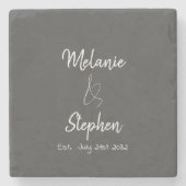 Elegant Couple Names Date Script Typogray Steinuntersetzer (Vorderseite)