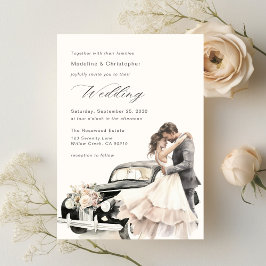 Elegant Couple Vintage Wedding Car Invitation Einladung