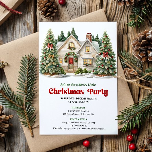 Elegant Cozy Christmas house invitation watercolor Einladung