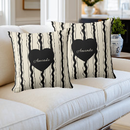 Elegant Cream and Black Stripes Heart Custom Name Kissen