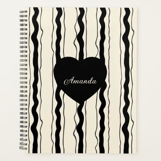 Elegant Cream and Black Stripes Heart Custom Name Planer (Vorderseite)