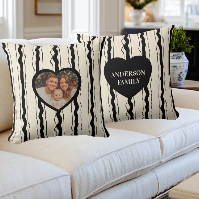 Elegant Cream and Black Stripes Heart Custom Photo Kissen (Von Creator hochgeladen)