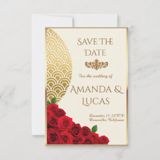 Elegant Cream and Gold Save the Date with Red Rose Ankündigung