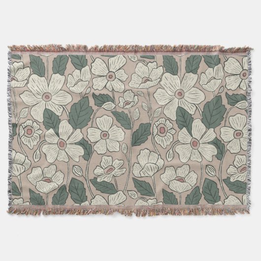 Elegant Cream Beige & Green Illustrated Floral Decke (Vorderseite)