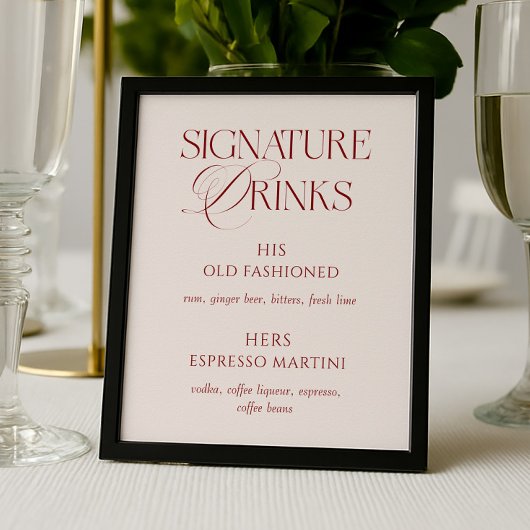 Elegant Cream & Burgundy Wedding Signature Drinks Poster