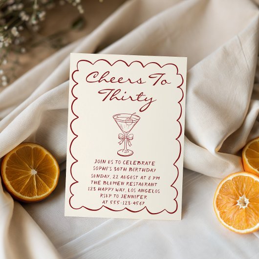 Elegant Cream “Cheers to Thirty” Martini Birthday Einladung