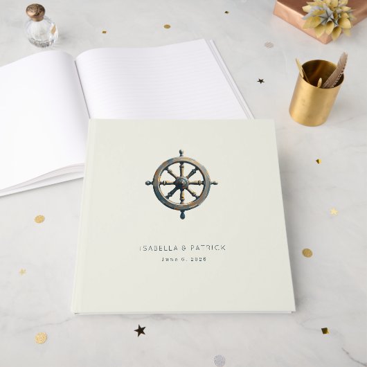 Elegant Cream Nautical Wheel Gästebuch (Vorderseite offen)