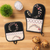 Elegant cream rose clay and black ofenhandschuh & Topflappen-Set (Oben Unten)