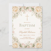 Elegant Cream Rose Floral Cross Baptism Einladung (Vorderseite)