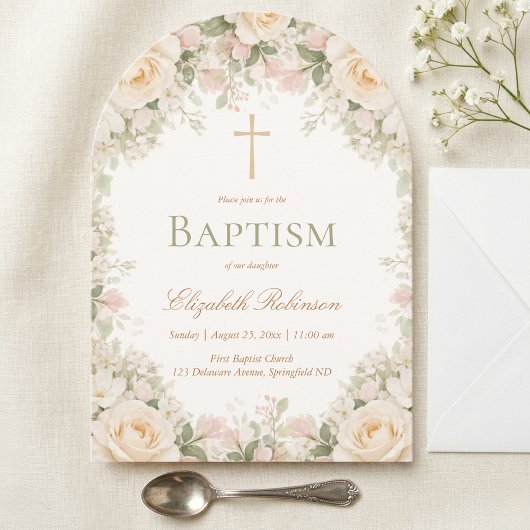 Elegant Cream Rose Floral Cross Baptism Einladung