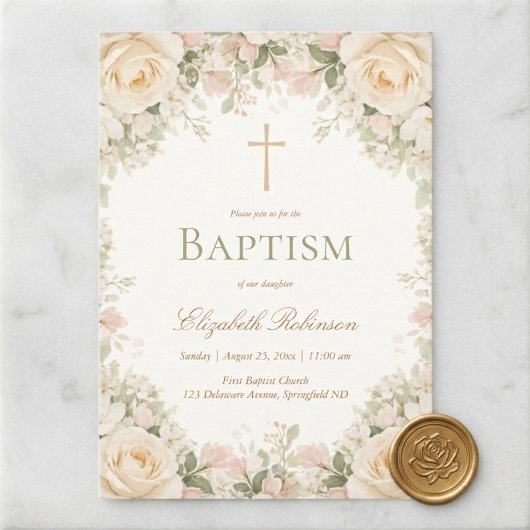 Elegant Cream Rose Floral Cross Baptism Einladung