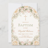 Elegant Cream Rose Floral Cross Baptism Einladung (Vorderseite)