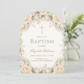 Elegant Cream Rose Floral Cross Baptism Einladung (Stehend Vorderseite)