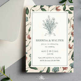 Elegant Cream Rustic Wildflower Sketch Wedding  Einladung