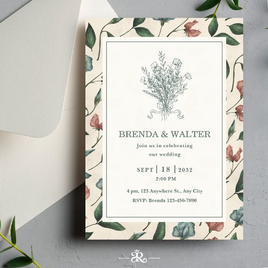Elegant Cream Rustic Wildflower Sketch Wedding  Einladung