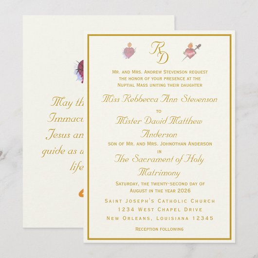 Elegant Cream Two Hearts Catholic Wedding Einladung