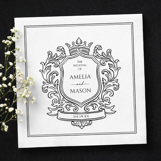 Elegant Crest Black and White Paper Wedding Serviette