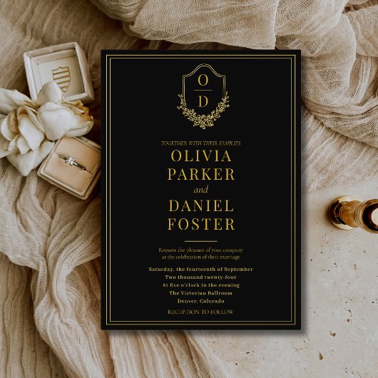 Elegant Crest Black Gold Minimalist Wedding Folieneinladung