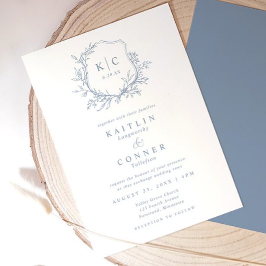 Elegant Crest Dusty Blue Classic Formal Wedding Einladung