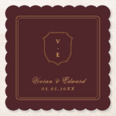 Elegant Crest Monogram Burgundy and Gold Wedding Untersetzer (Vorderseite)