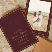 Elegant Crest Monogram Burgundy & Gold Wedding Einladung