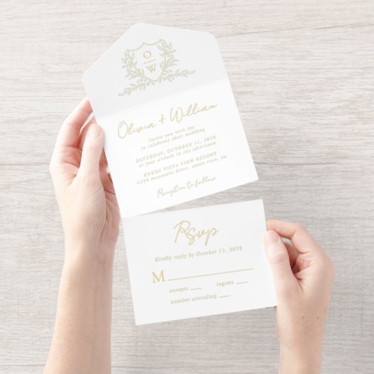 Elegant Crest Monogram Script Wedding All-in-One-Einladung (Abreißstreifen)