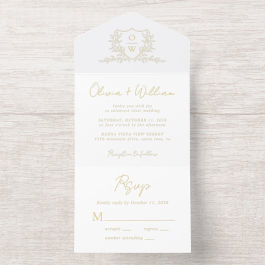 Elegant Crest Monogram Script Wedding All-in-One-Einladung (Innenseite)