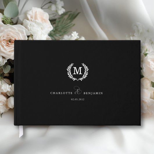 Elegant Crest Monogram Wedding Black Gästebuch