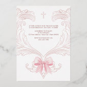 Elegant Crest Pink Bow Baptism Rose Gold Folieneinladung (Rückseite)
