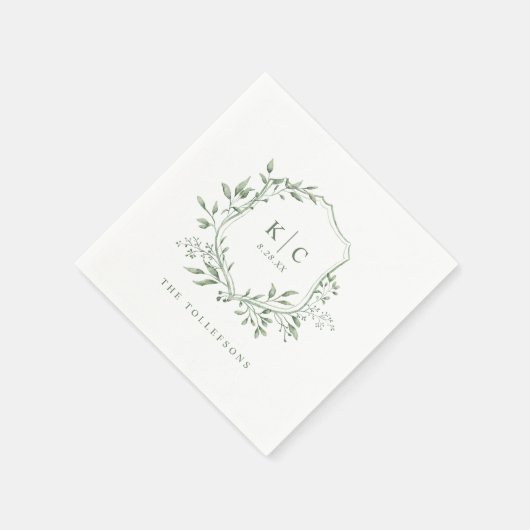 Elegant Crest Sage Watercolor Wedding Logo Serviette (Ecke)