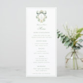 Elegant Crest w/ Sage Green Bow | Monogram Wedding Menükarte (Stehend Vorderseite)