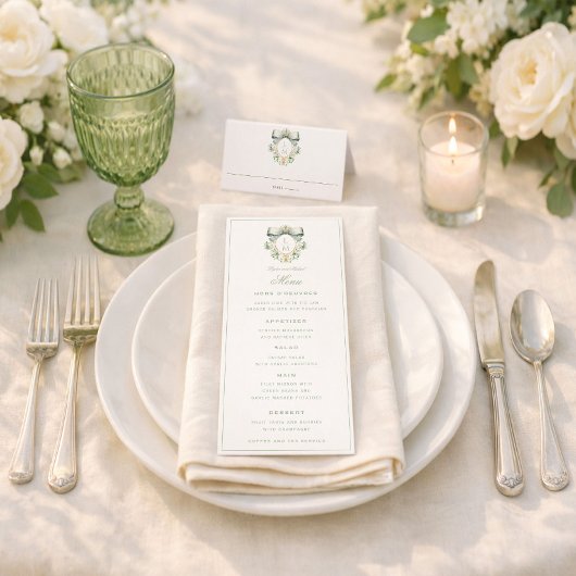 Elegant Crest w/ Sage Green Bow | Monogram Wedding Menükarte