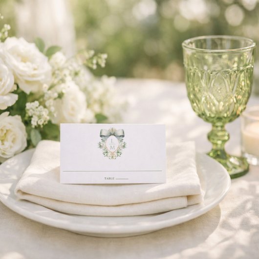 Elegant Crest w/ Sage Green Bow | Monogram Wedding Platzkarte