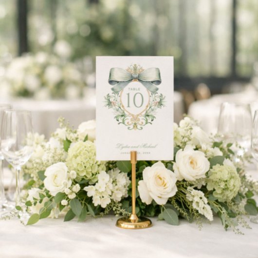 Elegant Crest with Sage Green Bow Table Number Mitteilungskarte