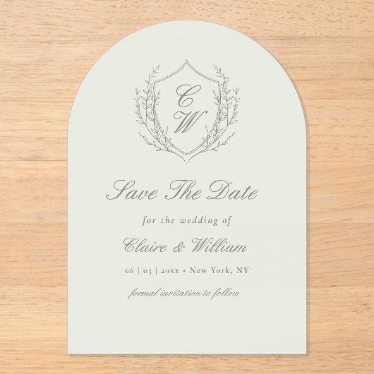 Elegant Crest Wreath Save the Date Acryleinladungen (Vorderseite)