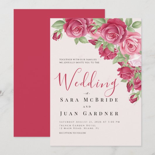 Elegant Crimson & Pink Roses Wedding Invitation Einladung (Vorne/Hinten)