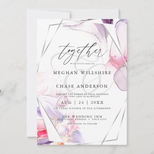 Elegant Crimson Pink und Lilac Fluid Ink Einladung (Vorderseite)