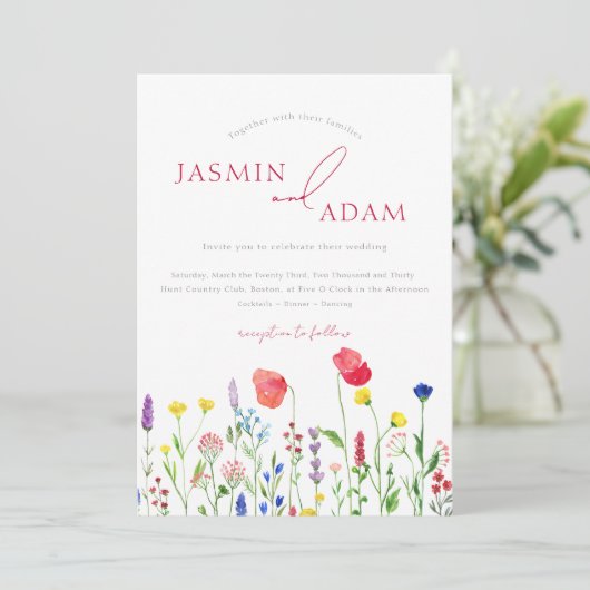 Elegant Crimson Red Wildblumen Hochzeit Einladung (Stehend Vorderseite)