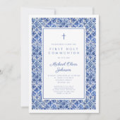 Elegant Cross Blue Tiles Boy First Communion Einladung (Vorderseite)