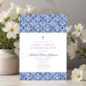 Elegant Cross Blue Tiles Boy First Communion Einladung