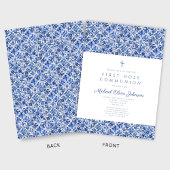 Elegant Cross Blue Tiles Boy First Communion Einladung