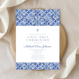 Elegant Cross Blue Tiles Boy First Communion Einladung