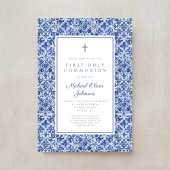 Elegant Cross Blue Tiles Boy First Communion Einladung
