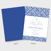 Elegant Cross Blue Tiles Boy First Communion Einladung